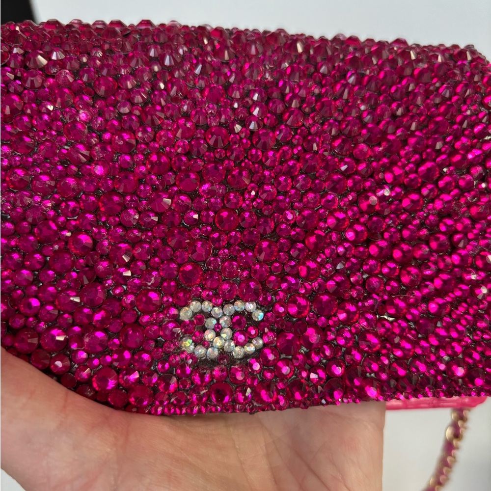 CHA-NEL CC Custom Rhinestone Hot Pink Leather Wallet on Chain - Picture 9 of 14